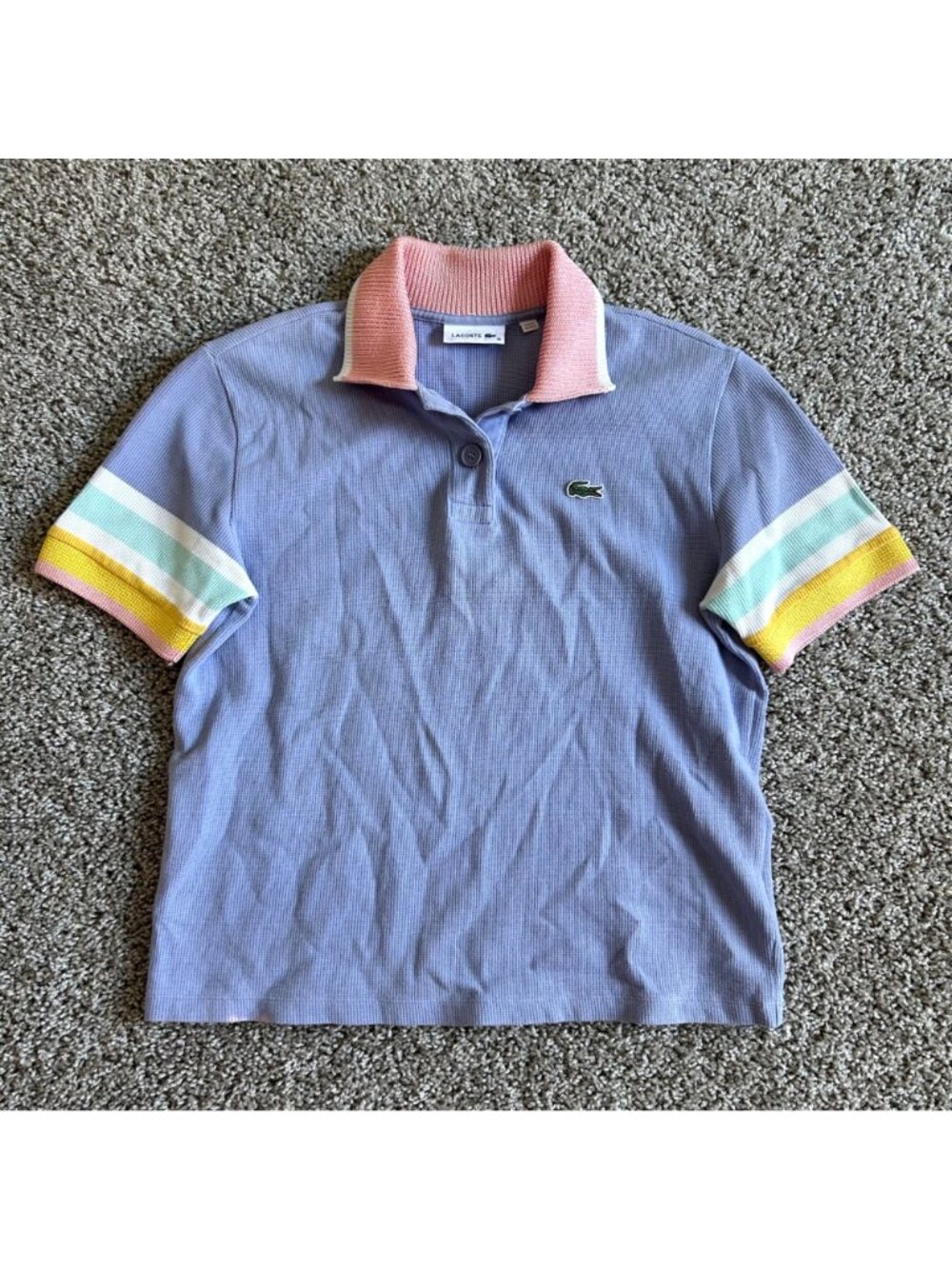 Lacoste Lavender Knit Polo with Pink Collar and Yellow Stripe - Picture 2 of 11